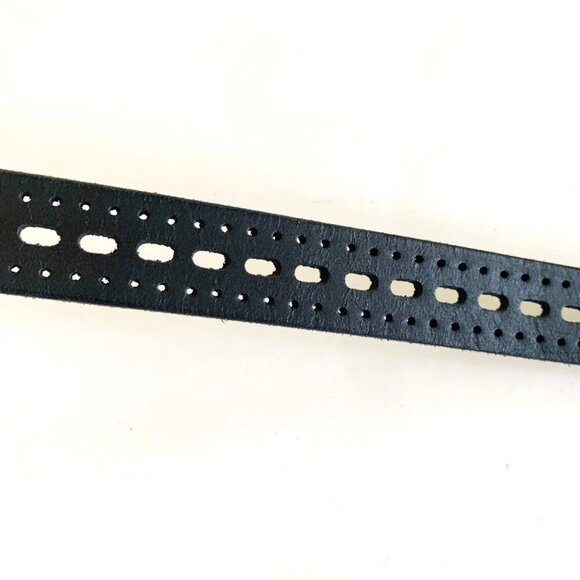 Genuine Leather Perforated Black Belt Silver Buckle Womens Size ML Made in India - Picture 2 of 6